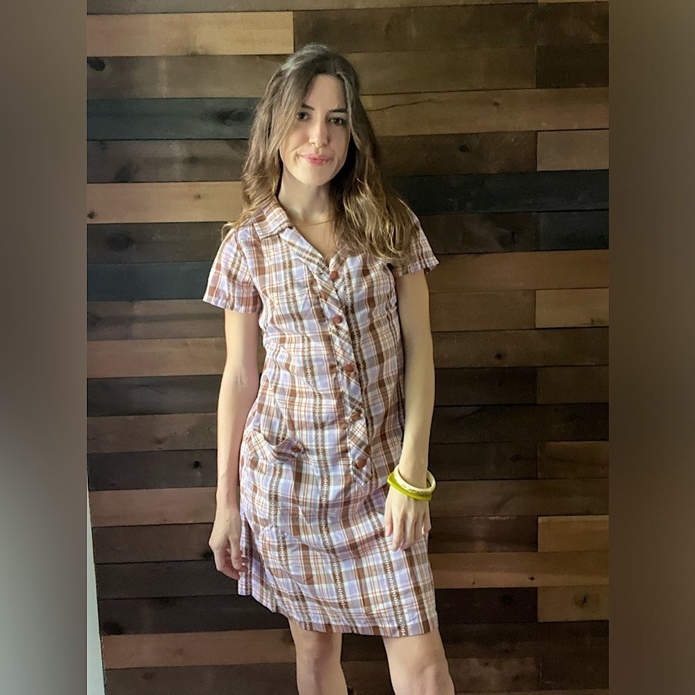 Vintage 70s Plaid Purple House Dress - Button Front, Retro Style